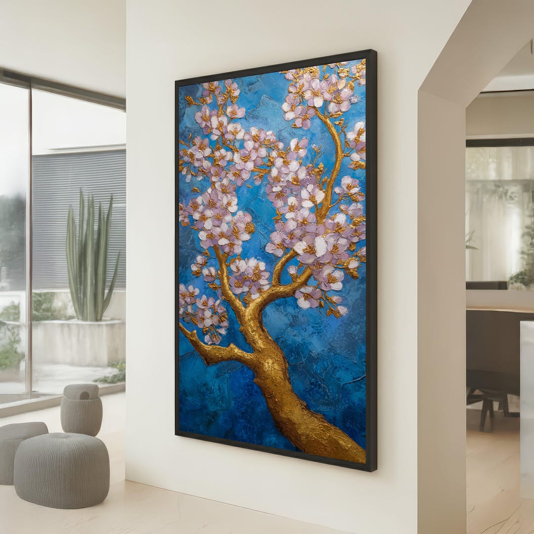 Golden Cherry Blossom Tree Canvas, Floral Wall Art, Blue Background ...