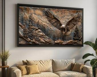 Quadro decorativo em tela com majestosa águia-careca, paisagem montanhosa, decoração com tema de vida selvagem e natureza, cena rústica de floresta, tela para aventura ao ar livre, pronto para pendurar.