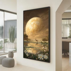 以下が含まれることがあります： 大きな金色の月が空を支配する、穏やかな風景を描いた額入りのアートプリント。 鹿が水の中に立ち、月の光を反射しています。 白い花と緑豊かな緑が水辺を縁取り、静かなシーンを作り出しています。