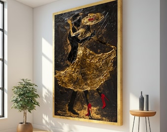 Elegant Dancing Couple Canvas Wall Art, Gold and Black Silhouette, Romantic Ballroom Dance, Modern Home Decoration, Golden Couple Art