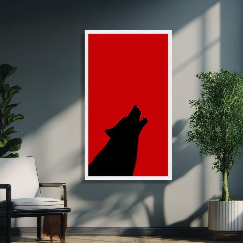 Tela com silhueta de lobo uivando, fundo vermelho, decoração de parede com animais selvagens, tela moderna e ousada, decoração inspirada na natureza para sua casa. imagem 5