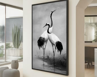 Quadro decorativo elegante com pássaros grou, pintura da natureza em preto e branco, decoração minimalista de aves aquáticas, tela com vida selvagem asiática, decoração moderna para casa.