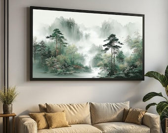 Misty Mountain Waterfall Canvas, Zen Landscape Wall Art, Asian Nature Painting, Tranquil Forest Scene, Home Decor Canvas, Ready to Hang
