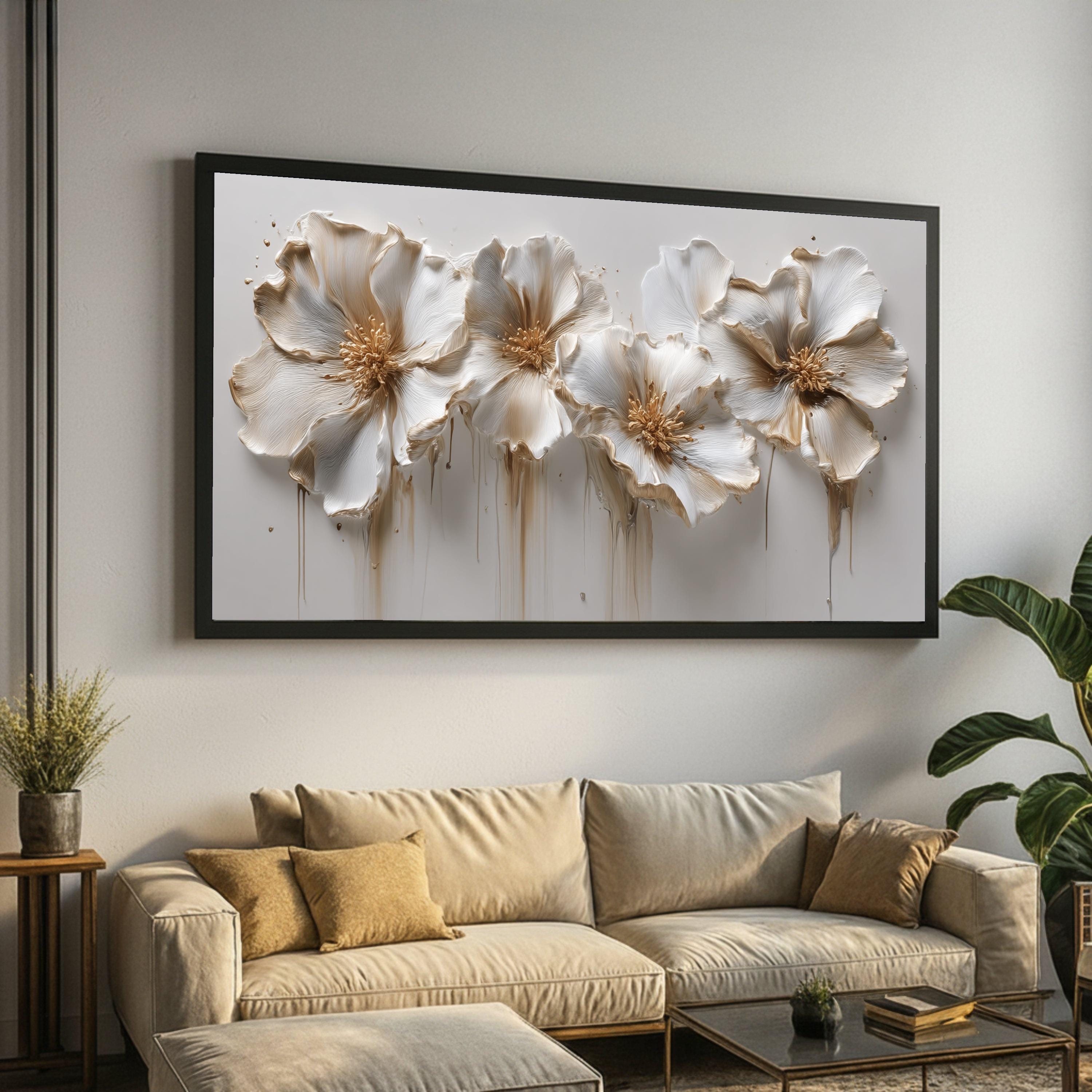 Elegant White and Gold Floral Canvas Wall Art, Effect Petal Design ...