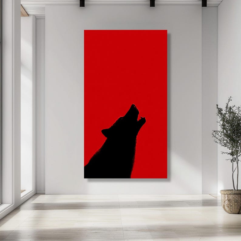 Tela com silhueta de lobo uivando, fundo vermelho, decoração de parede com animais selvagens, tela moderna e ousada, decoração inspirada na natureza para sua casa. imagem 6