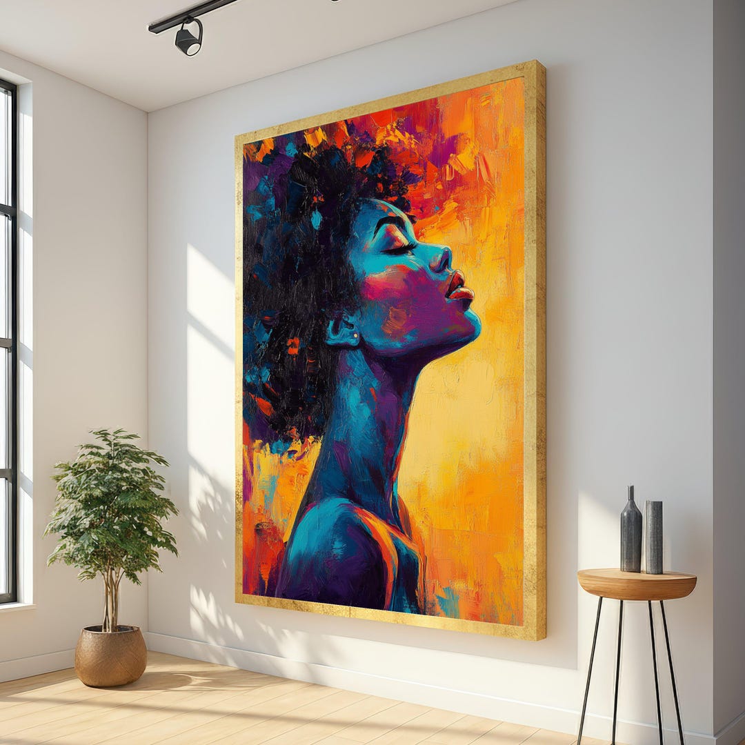 Vibrant Afro Woman Portrait Canvas, Colorful Abstract Face Wall Art ...