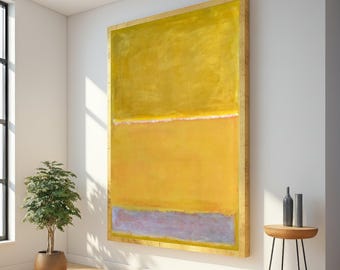 May include: Large abstract painting with a gold frame. The artwork features a yellow upper section, a white horizontal band, a yellow middle section, and a lavender lower section. The painting is displayed in a well-lit room with a small potted plant.