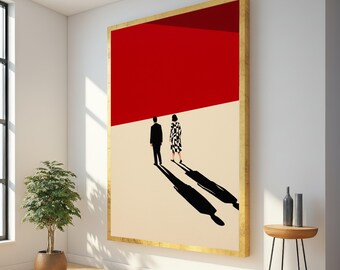 Modern Minimalist Couple Silhouette Canvas, Abstract Wall Art, Red and Beige Geometric Design, Contemporary Home Decoration, Unique Canvas
