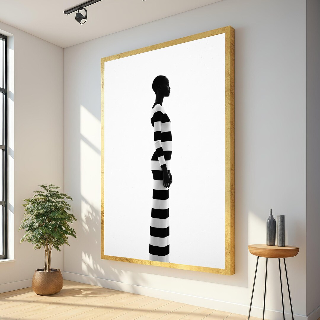 Modern Minimalist Silhouette, Black and White Striped Dress Canvas ...