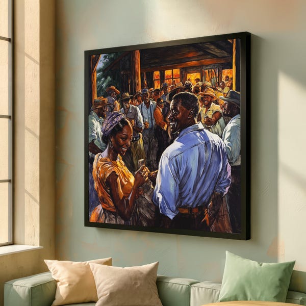 Vintage Celebration Scene Canvas, Joyful Crowd Party Painting, African American Culture Wall Art, Festive Gathering Canvas Decor