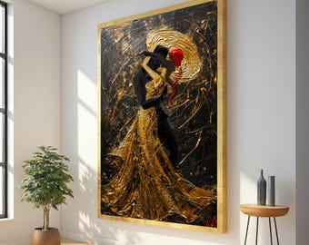 Elegant Couple Dancing Canvas Wall Art, Gold and Black Romantic Home Decor, Ballroom Dance Canvas, Modern Abstract Wall Art, Golden Wall Art