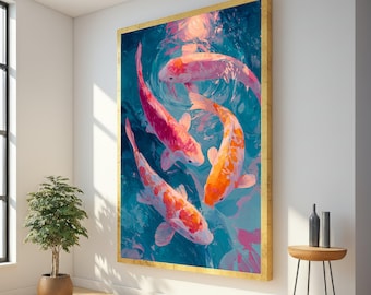 Lebendige Koi Fisch Leinwand Wandkunst, Bunte Wassergarten Malerei, Ruhige Teich Szene, Natur Wohnkultur, Fertig zum Aufhängen Kunstwerk