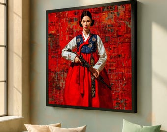 Op de afbeelding: Een ingelijst kunstwerk met een vrouw in traditionele Koreaanse kledij, een felrode jurk met een blauw en witte top, die een geweer vasthoudt. De achtergrond is een gestructureerd rood abstract ontwerp.