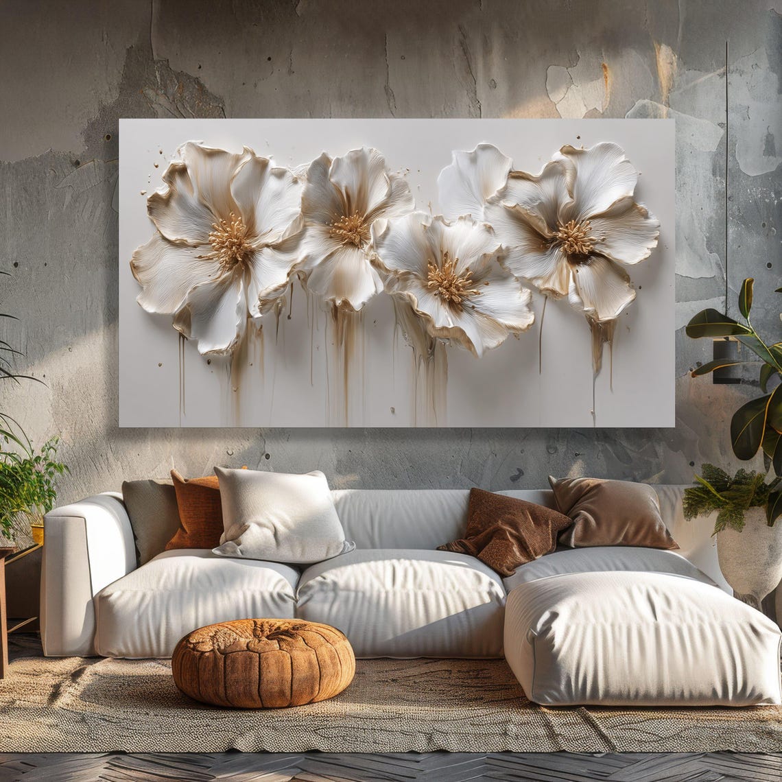 Elegant White and Gold Floral Canvas Wall Art, Effect Petal Design ...