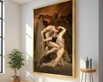 May include: Large framed artwork depicting a classical scene with nude figures in a dramatic pose. The painting features a warm color palette with gold accents on the frame. The artwork is displayed on a white wall.