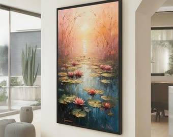 Tranquil Water Lilies Canvas, Soft Sunrise Pond Scene, Floral Nature Wall Art, Serene Garden Landscape Canvas, Peaceful Home Decoration