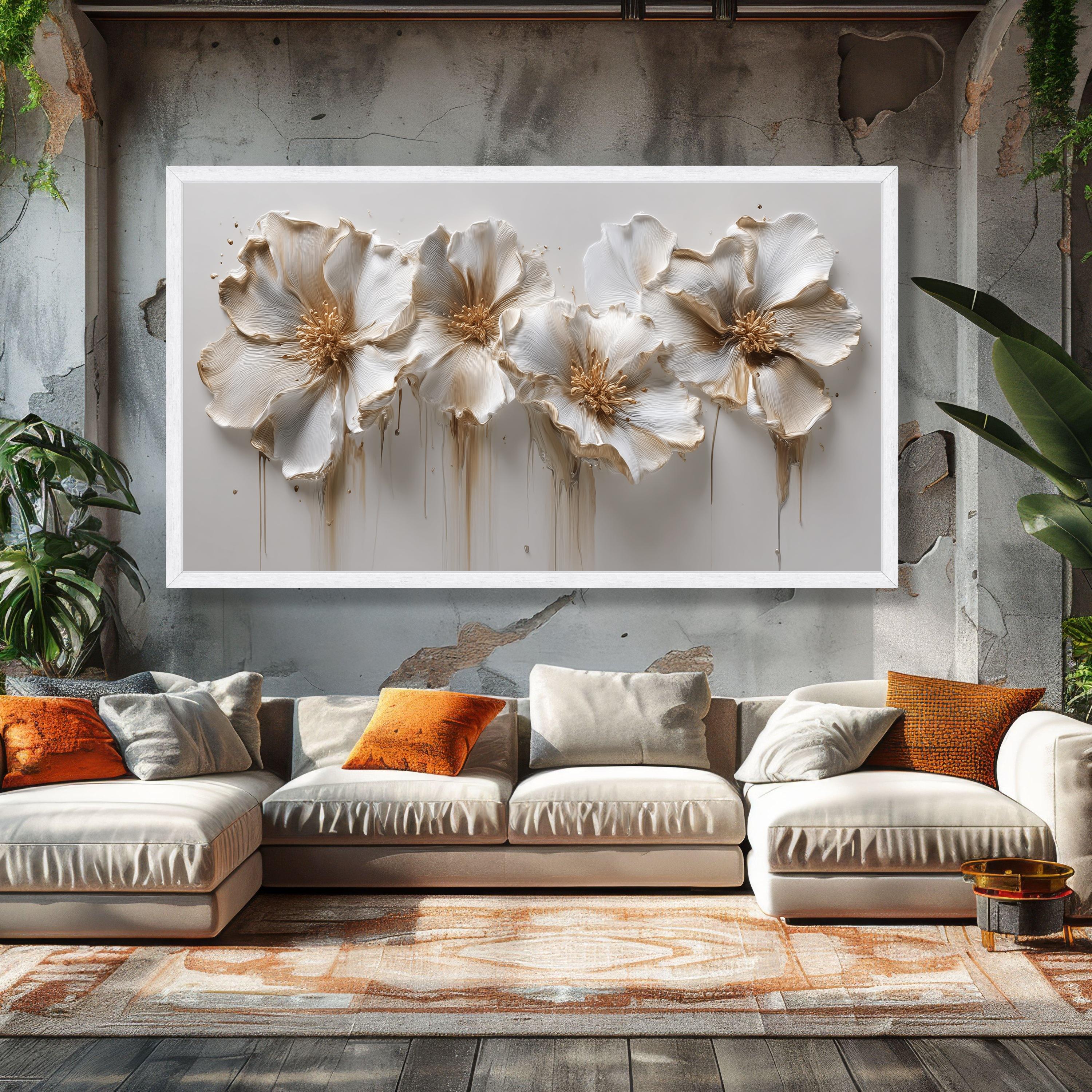 Elegant White and Gold Floral Canvas Wall Art, Effect Petal Design ...