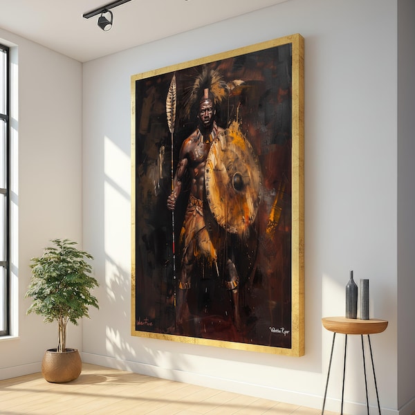 Canvas wanddecoratie met Afrikaanse krijger, tribaal schild, etnische woondecoratie, portret van een krijger op canvas, opvallende culturele wanddecoratie