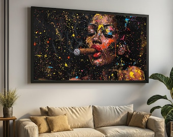 Vibrant Abstract Portrait with Cigar, Colorful Splatter Wall Art, Contemporary Canvas Decor, Bold Expressionist Canvas for Home