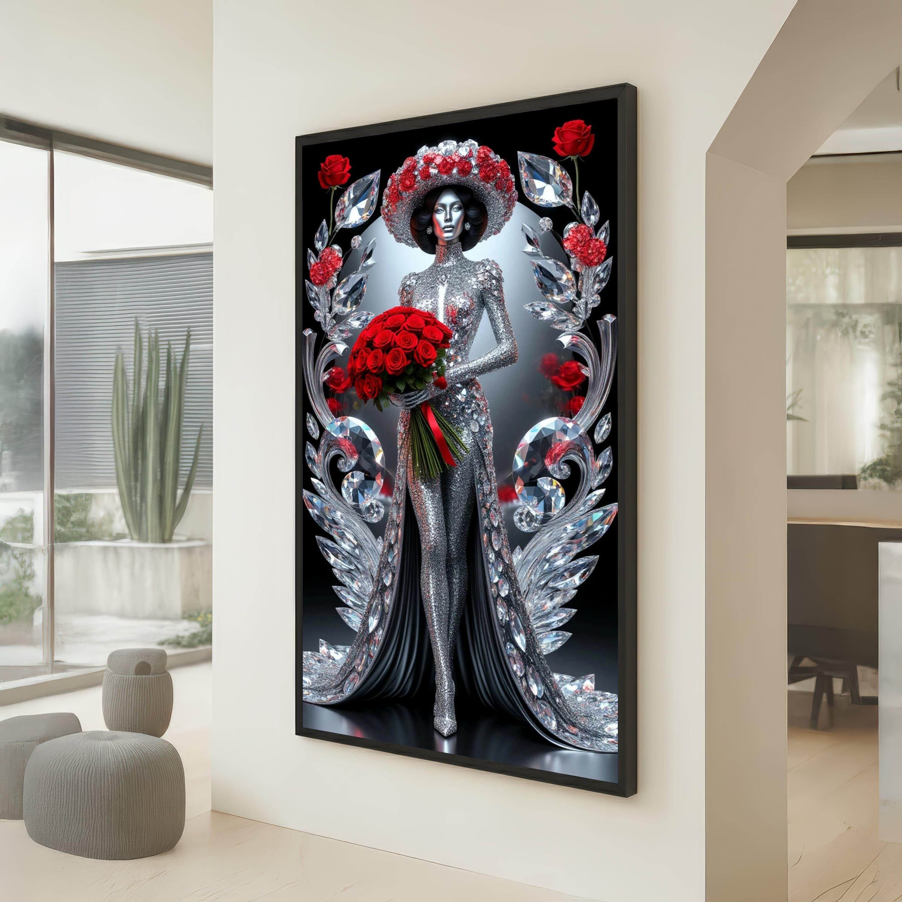 Glamorous Silver Lady Canvas Wall Art, Sparkling Crystal Dress