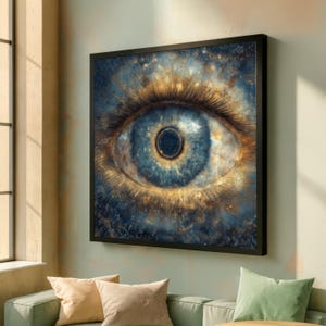 May include: A framed art print featuring a detailed eye with a cosmic design. The iris is blue with a dark pupil, surrounded by golden and blue hues, and framed by long eyelashes. The artwork is displayed on a wall above a sofa.