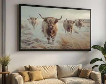 Quadro em tela com gado das Terras Altas, estampa rústica de animais de fazenda, paisagem natural em tela, obra de arte com touro majestoso, decoração para casa de campo.