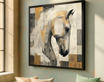 Lienzo abstracto de caballo blanco, pintura moderna de animales, decoración del hogar en tonos neutros, impresión ecuestre, decoración para sala de estar.