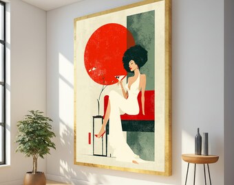 May include: Art print featuring a woman in a white dress, seated with a cocktail, against a backdrop of a red sun and geometric shapes. The artwork has a gold frame and is displayed in a modern interior setting.