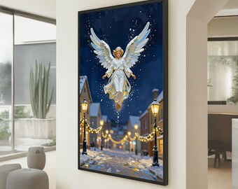 Angelic Figure Floating Over Snowy Village Street, Christmas Night Canvas, Holiday Wall Art, Spiritual Winter Scene, Festive Home Decor
