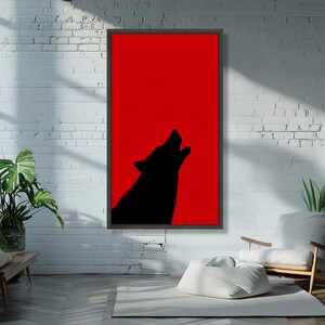 Tela com silhueta de lobo uivando, fundo vermelho, decoração de parede com animais selvagens, tela moderna e ousada, decoração inspirada na natureza para sua casa. imagem 3