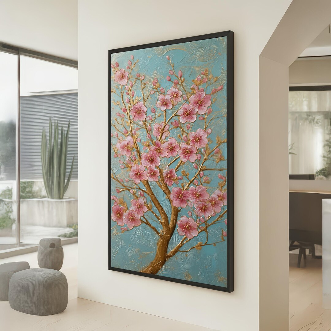 Elegant Cherry Blossom Tree Canvas Wall Art, Pink Floral on Blue ...
