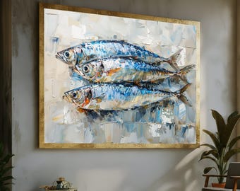 サバの魚のオリジナル水彩画、キッチンの静物画の装飾、料理用の魚の