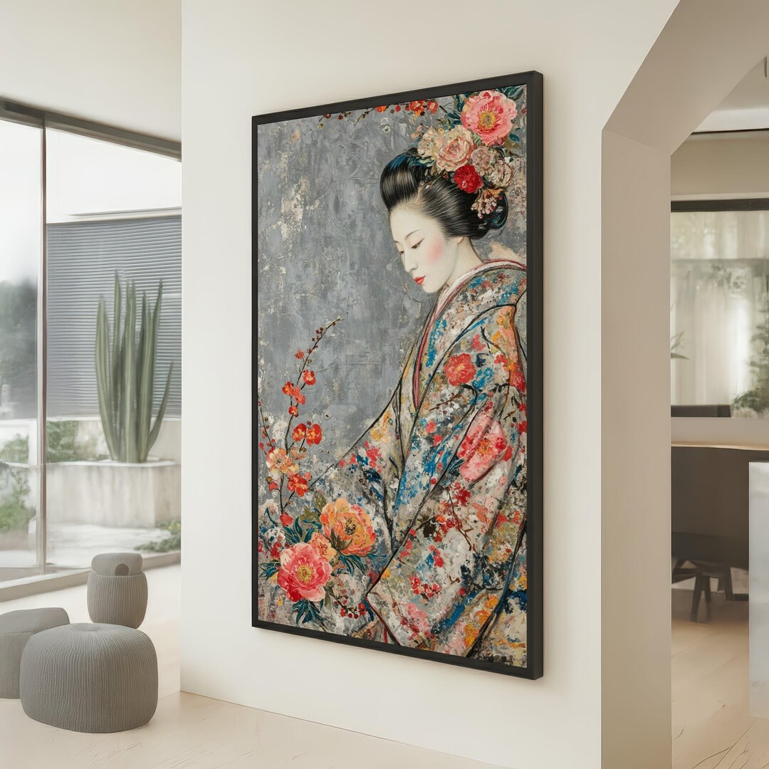 Elegant Japanese Geisha Portrait Canvas, Floral Kimono Wall Art ...