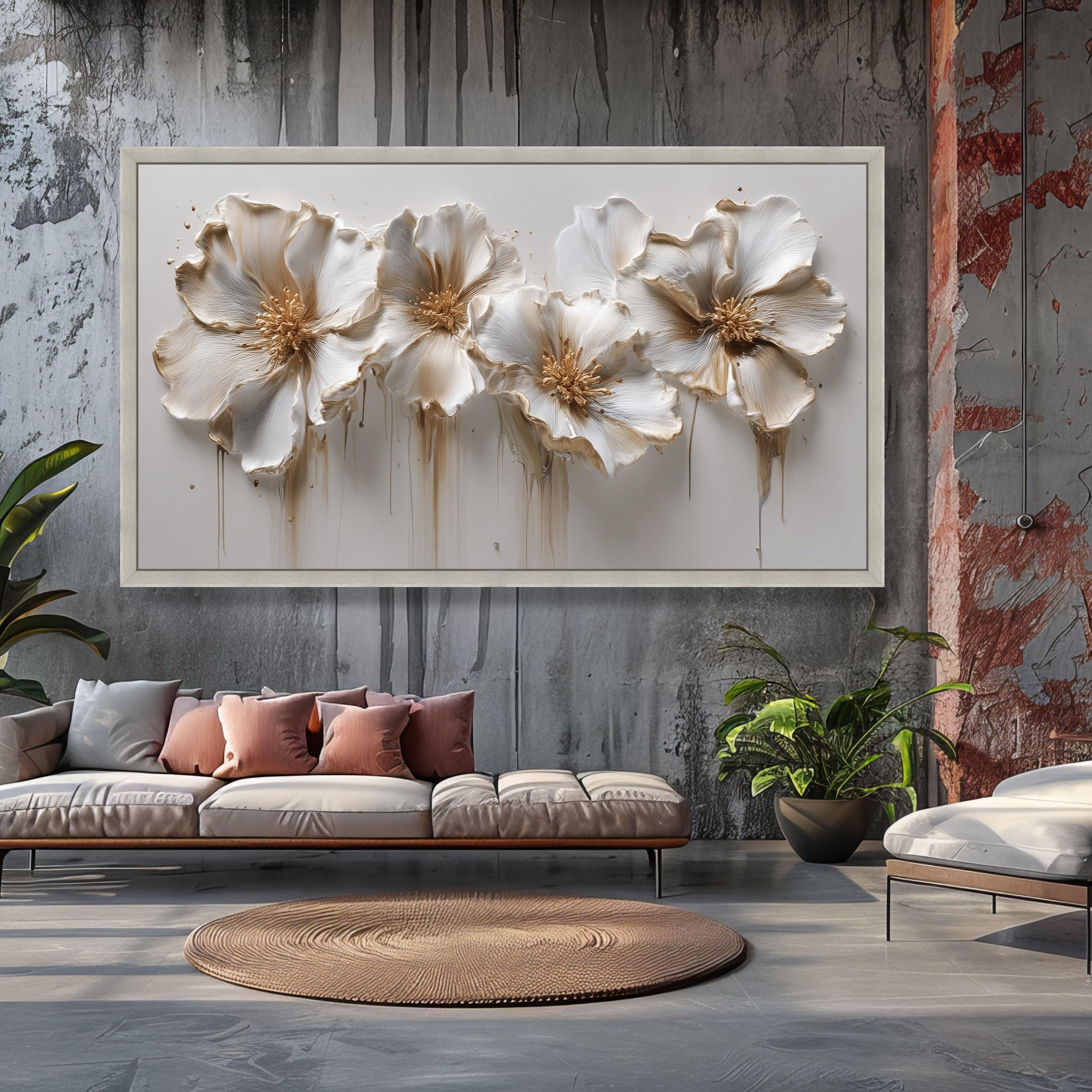 Elegant White and Gold Floral Canvas Wall Art, Effect Petal Design ...