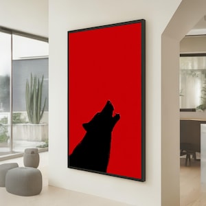 Tela com silhueta de lobo uivando, fundo vermelho, decoração de parede com animais selvagens, tela moderna e ousada, decoração inspirada na natureza para sua casa. imagem 1