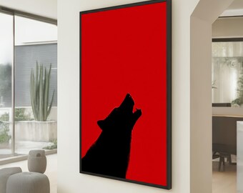 Howling Wolf Silhouette Canvas, Red Background Wall Art, Wildlife Animal Decor, Bold Modern Canvas, Nature Home Decoration