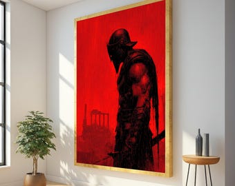 May include: A large framed canvas art print featuring a warrior in black armor against a vibrant red background. The artwork depicts a muscular figure with a helmet, holding a sword, with a blurred architectural structure in the distance. The frame has a gold finish.