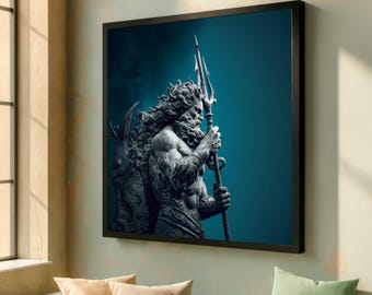 Mäktig Poseidon-staty på canvas, mytisk gud väggkonst, havstriudd dekor, grekisk mytologi canvas, Neptunus figur konstverk