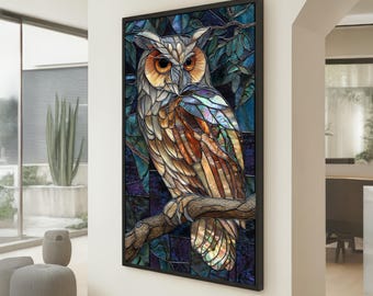 Quadro de parede em tela com coruja em vitral, decoração de parede com tema de vida selvagem e natureza, ilustração rústica de pássaro da floresta, decoração de parede elegante com tema animal.