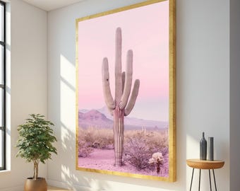 Obraz ścienny na płótnie z różowym kaktusem pustynnym, krajobraz z kaktusem saguaro, pastelowa scena pustynna, płótno z motywem botanicznym, nowoczesna dekoracja domu