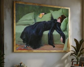 Vintage Woman Relaxing on Green Sofa Canvas, Elegant Female Portrait Wall Art, Classic Home Decoration, Artistic Canvas Print