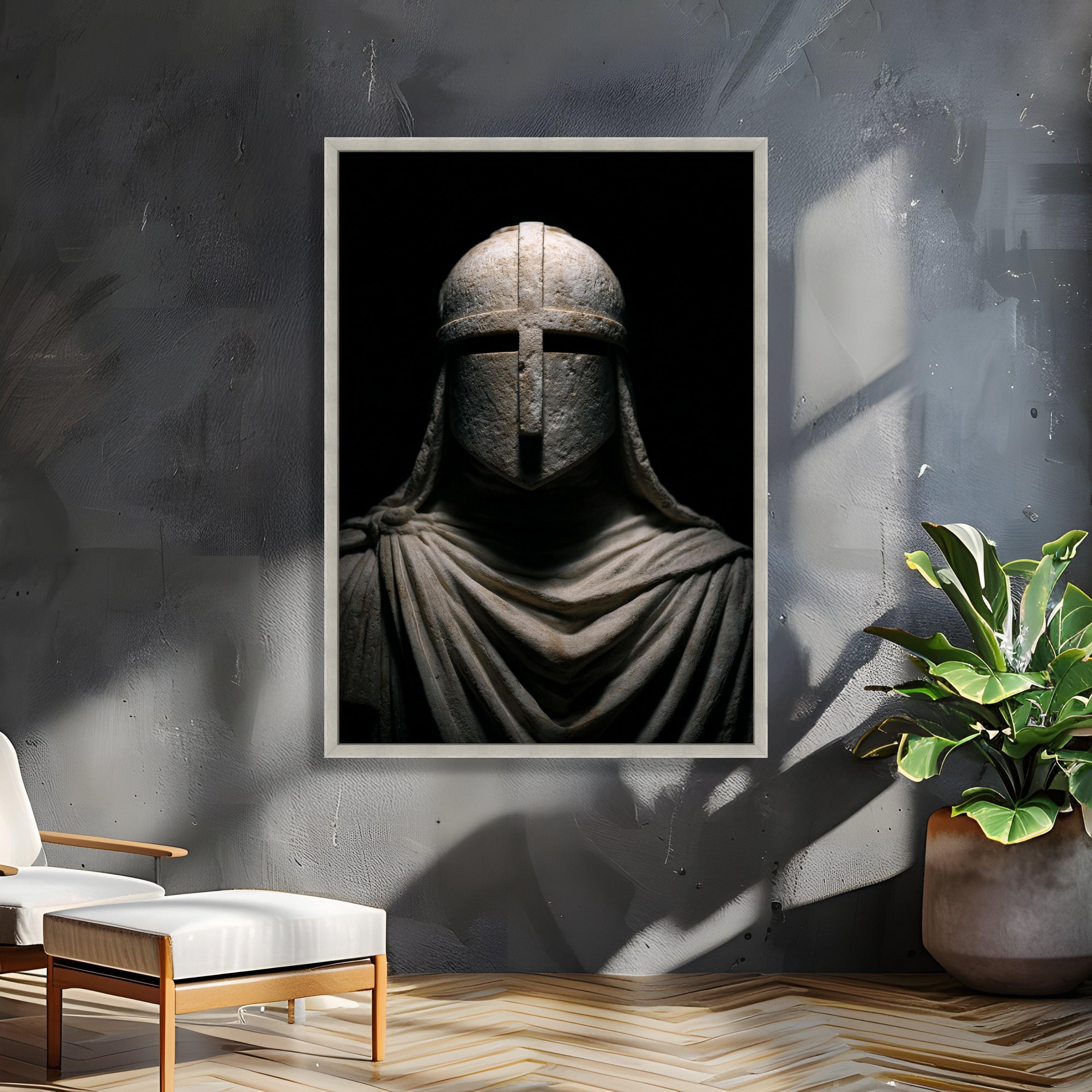 Medieval Knight Helmet Canvas Wall Art, Dark Moody Armor Portrait ...