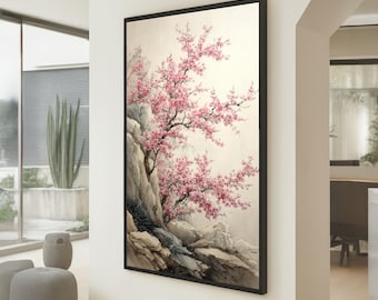 Rosa körsbärsblommande träd canvas, japansk sakura väggkonst, blommig naturmålning, zen trädgårdsdekor, lugn vårscen canvas