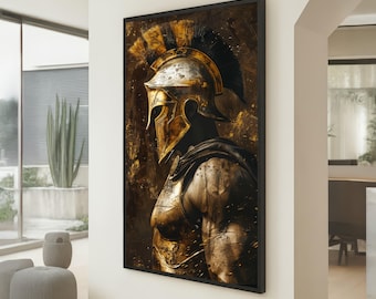 May include: A framed artwork depicts a golden Spartan warrior in profile. The warrior is clad in ornate armor and a helmet with a black plume. The artwork has a dark, textured background with gold accents, creating a dramatic and historical feel.
