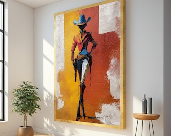 Abstracte canvaskunst westerncowboy, kleurrijk cowboysilhouet, modern rustiek muurdecor, levendige cowboyfiguurschilderij, klaar om op te hangen