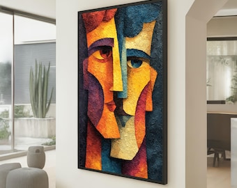 Abstract Faces Cubism Canvas, Modern Art Wall Decor, Colorful Geometric Portrait, Contemporary Canvas, Unique Home Decoration