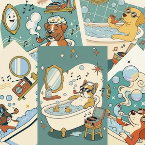 May include: A collage of illustrations featuring dogs in bathtubs, smoking pipes, and listening to music. The dogs are surrounded by bubbles, musical notes, and vintage-style decor, with a retro aesthetic.