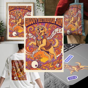 Könnte beinhalten: Gerahmtes Poster, Tragetasche, T-Shirt und Aufkleber mit einem psychedelischen Design eines Golden Retrievers. Das Kunstwerk zeigt Noten, ein Schlagzeug, Gitarren und den Text "Groovy Retriever Jam".