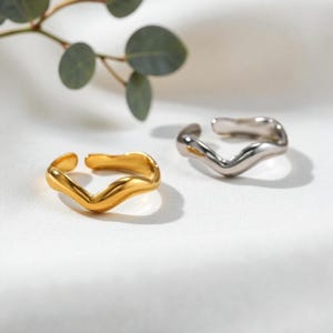 Puede incluir: Dos anillos abiertos, uno dorado y otro plateado, con un diseño ondulado y orgánico. Los anillos se presentan sobre un fondo blanco, con una ramita de hojas verdes en el fondo. Los anillos tienen una estética moderna y minimalista.