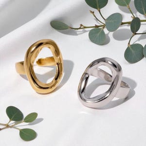 May include: Two rings, one gold and one silver, each featuring an oval, open-centre design. The rings are displayed against a white backdrop with green foliage, highlighting their modern, minimalist style. The gold ring has a polished finish, while the silver ring has a shiny appearance.